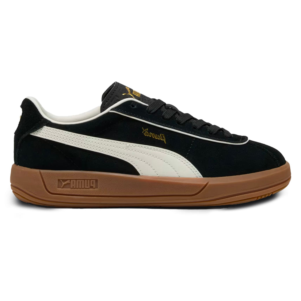 Tênis casual feminino Puma Klassika preto com detalhes brancos, material sintético e solado antiderrapante